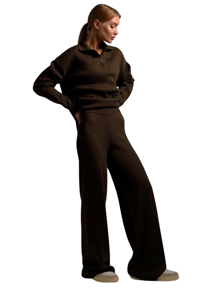 Women's Two Piece Lounge Set with Polo Top and Wide-Leg Trousers