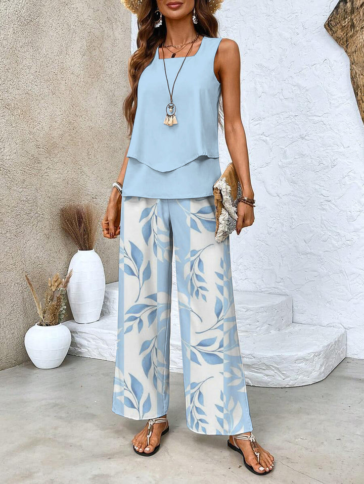 Women's Two Piece Sleeveless Top and Wide Leg Trousers Set