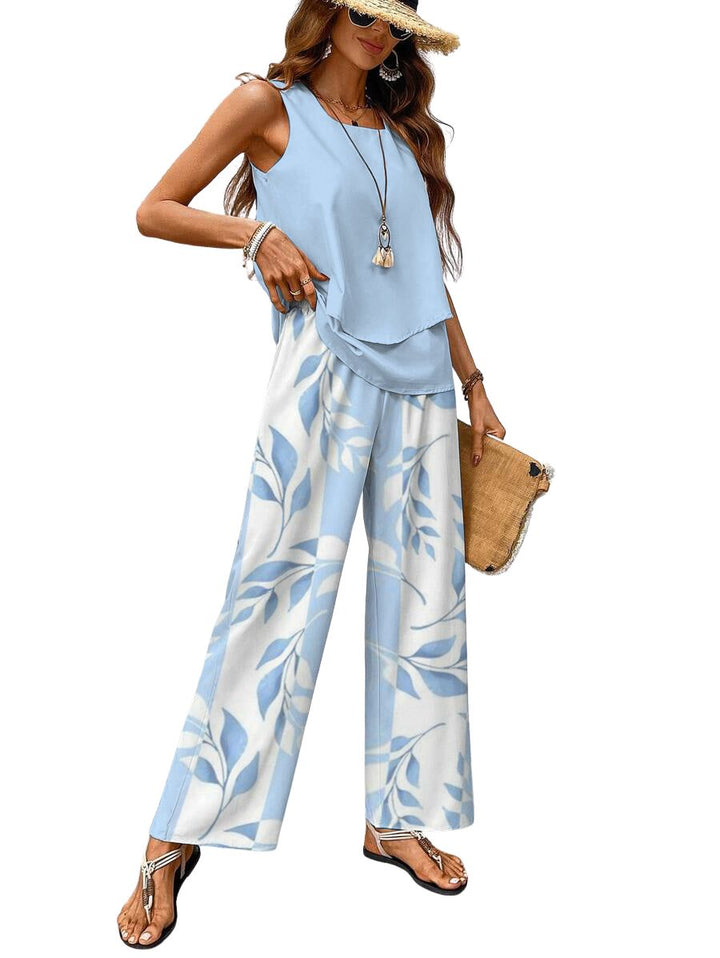 Women's Two Piece Sleeveless Top and Wide Leg Trousers Set