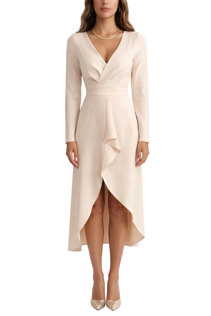 Women's V-Neck Long Sleeve Midi Dress with Wrap Front and Side Split