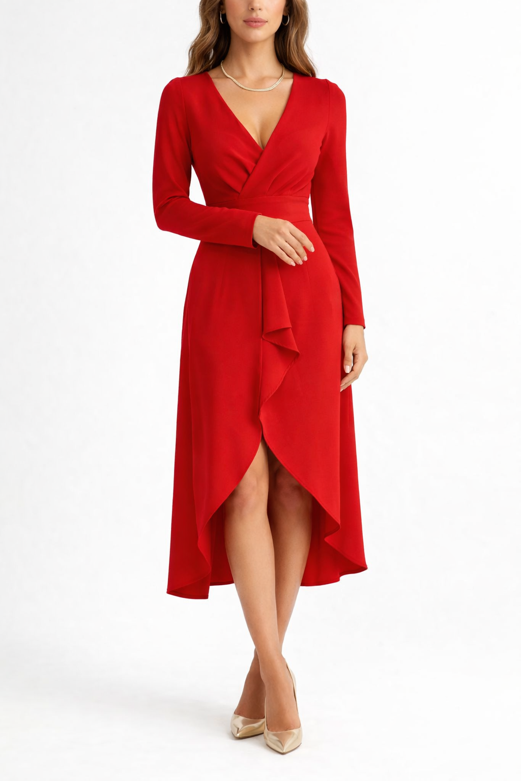 Women's V-Neck Long Sleeve Midi Dress with Wrap Front and Side Split