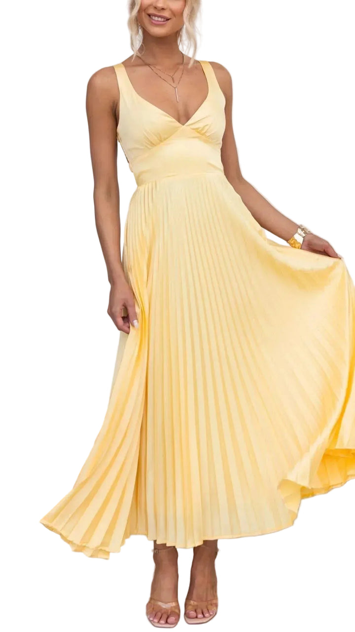 Women's V-Neck Pleated Maxi Dress with Open Back Strap Design