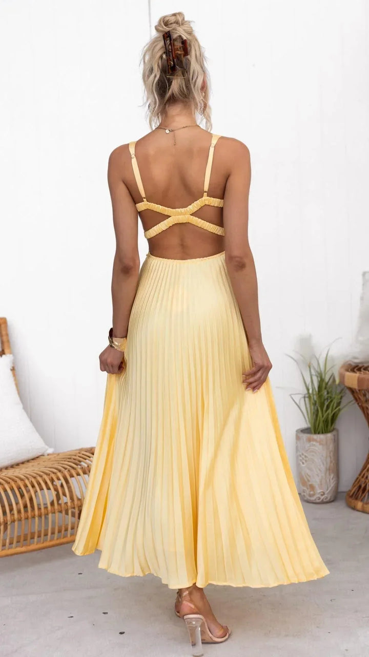 Women's V-Neck Pleated Maxi Dress with Open Back Strap Design
