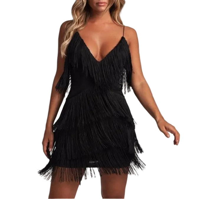 Women's V Neck Fringe Mini Dress with Thin Straps