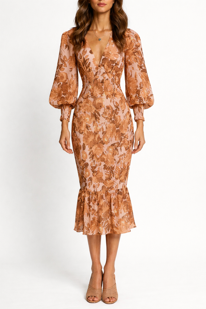 Women's V Neck Long Sleeve Floral Midi Dress with Smocked Waist