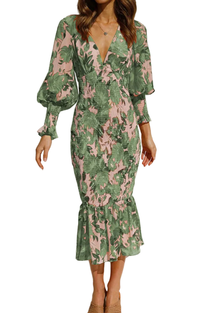 Women's V Neck Long Sleeve Floral Midi Dress with Smocked Waist