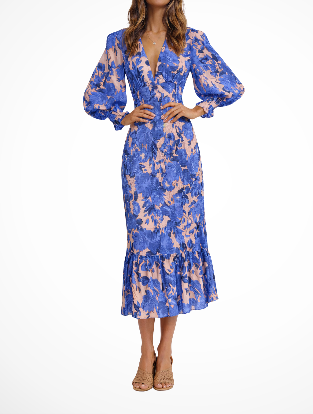 Women's V Neck Long Sleeve Floral Midi Dress with Smocked Waist