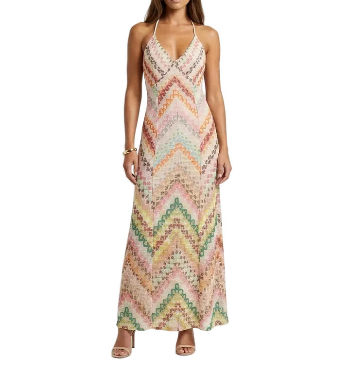 Women's V Neck Maxi Dress with Strap Back and Printed Design