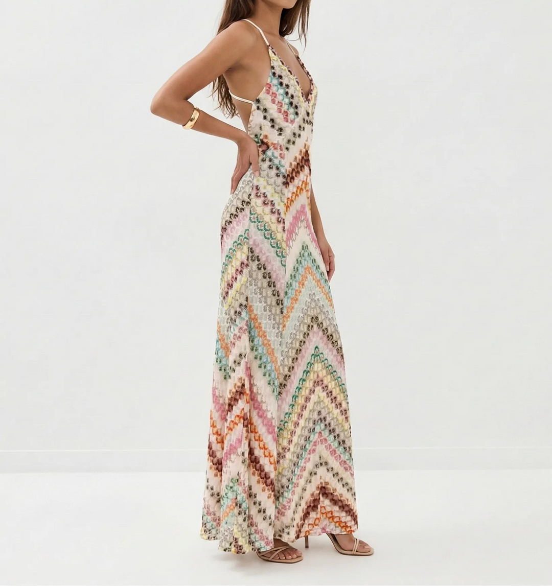 Women's V Neck Maxi Dress with Strap Back and Printed Design