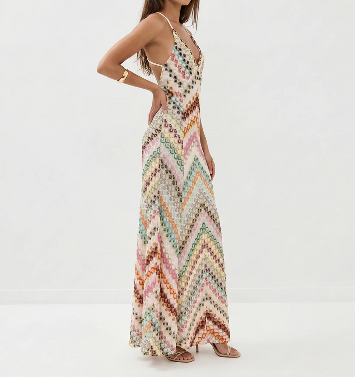 Women's V Neck Maxi Dress with Strap Back and Printed Design