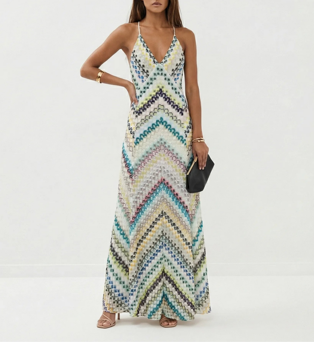 Women's V Neck Maxi Dress with Strap Back and Printed Design