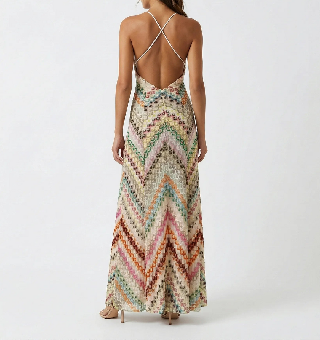 Women's V Neck Maxi Dress with Strap Back and Printed Design