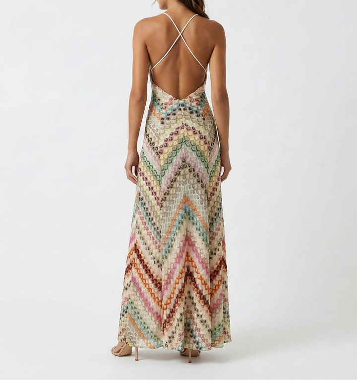 Women's V Neck Maxi Dress with Strap Back and Printed Design