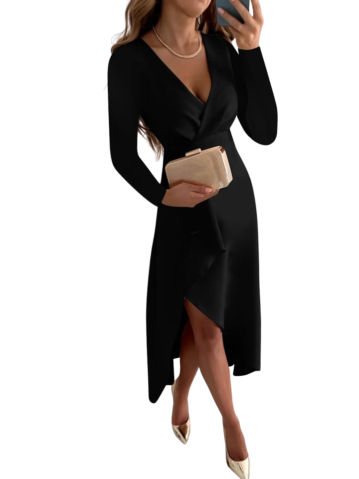 Women's V Neck Sheath Midi Dress with Slit Design