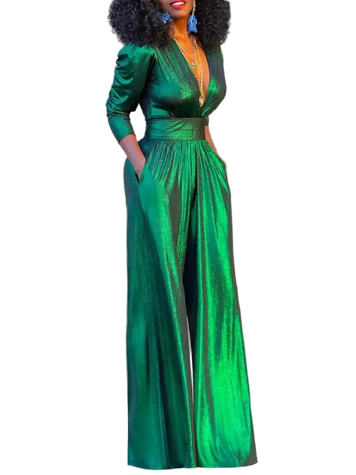 Women's V Neck Wide Leg Jumpsuit with Fitted Waist