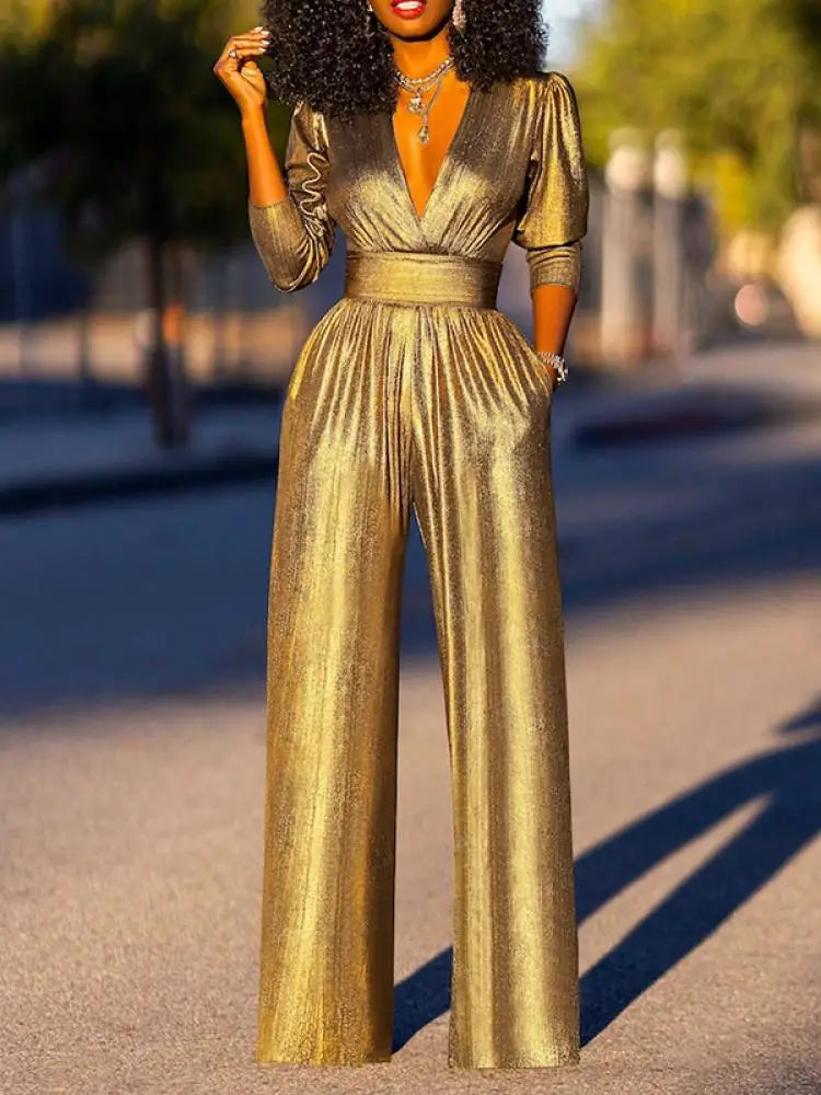 Women's V Neck Wide Leg Jumpsuit with Fitted Waist