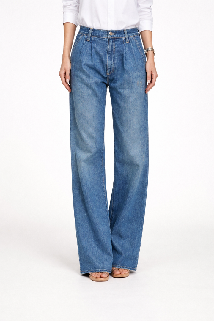 Women's Wide Leg Denim Jeans with High Waist and Pocket Design Fit