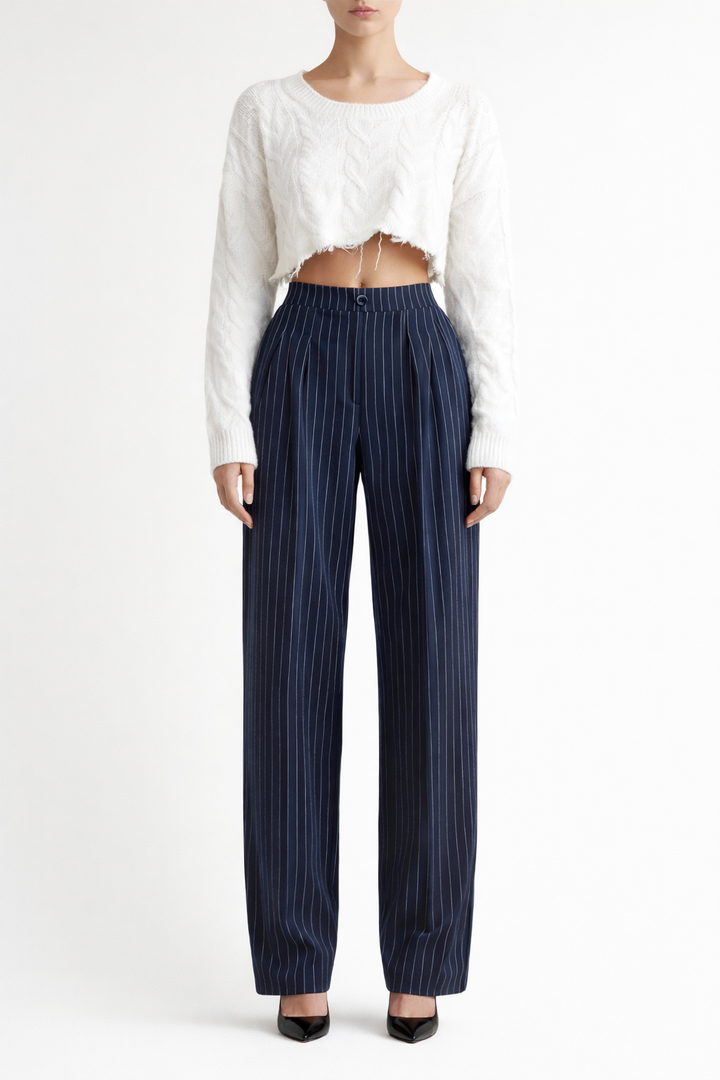 Women's Wide Leg Trousers with Stripe Lines and Button Front