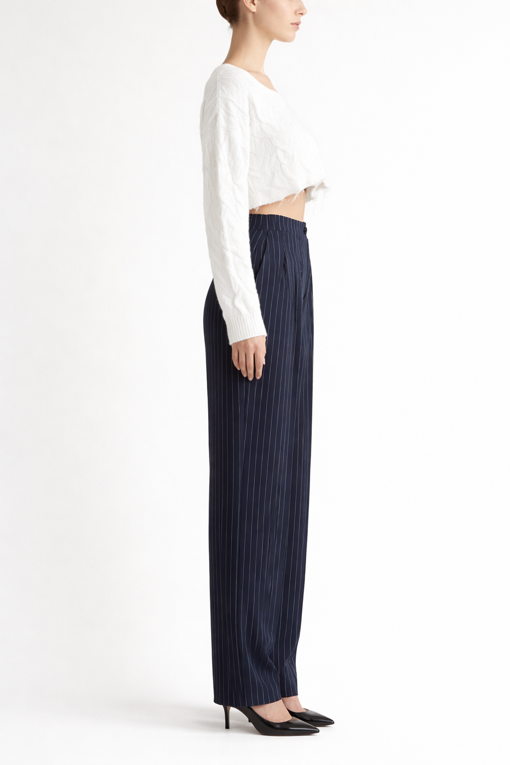 Women's Wide Leg Trousers with Stripe Lines and Button Front