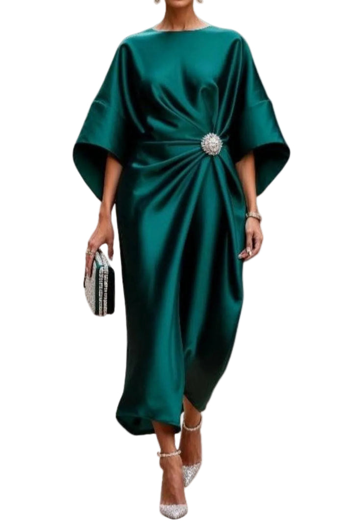 Women's Wide Sleeve Midi Dress with Draped Waist