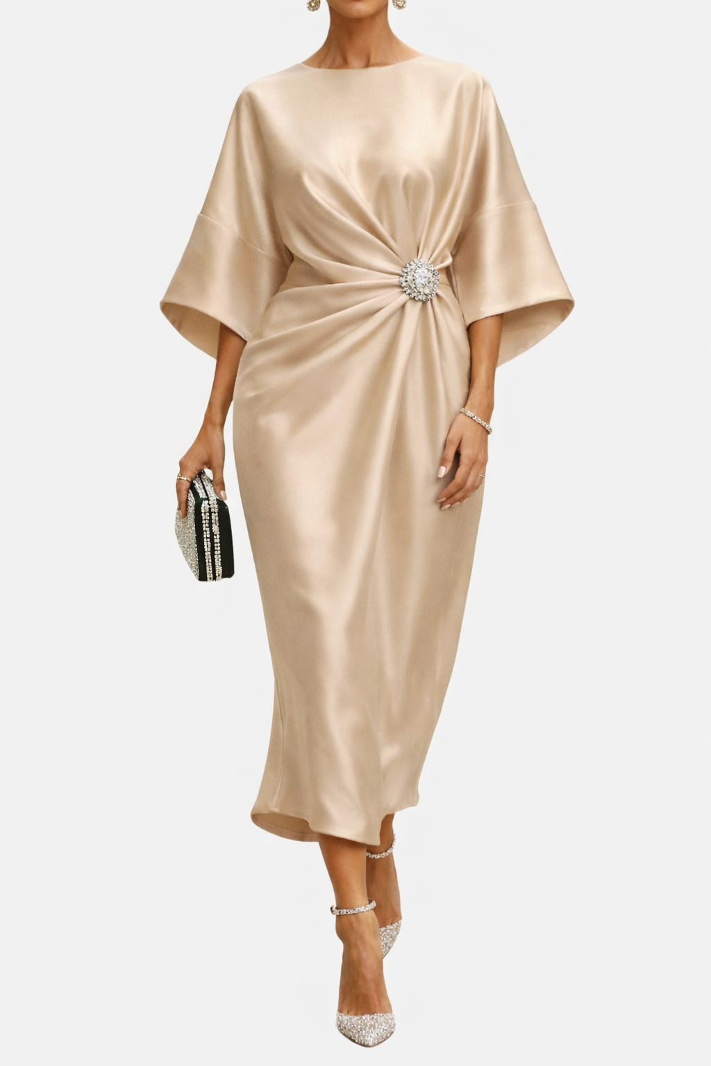 Women's Wide Sleeve Midi Dress with Draped Waist