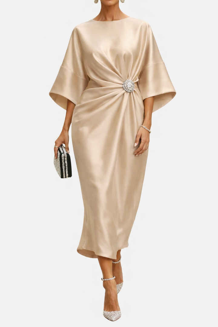 Women's Wide Sleeve Midi Dress with Draped Waist