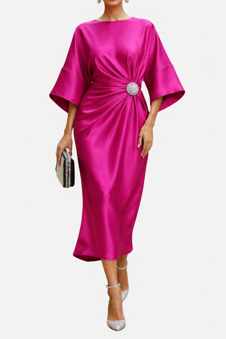 Women's Wide Sleeve Midi Dress with Draped Waist
