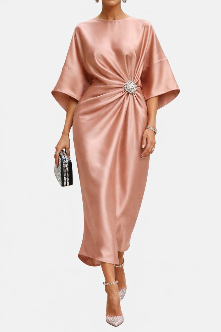 Women's Wide Sleeve Midi Dress with Draped Waist
