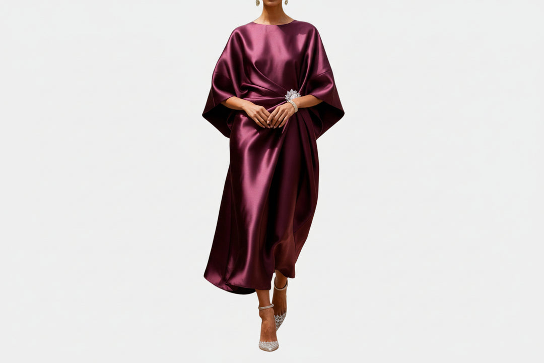 Women's Wide Sleeve Midi Dress with Draped Waist