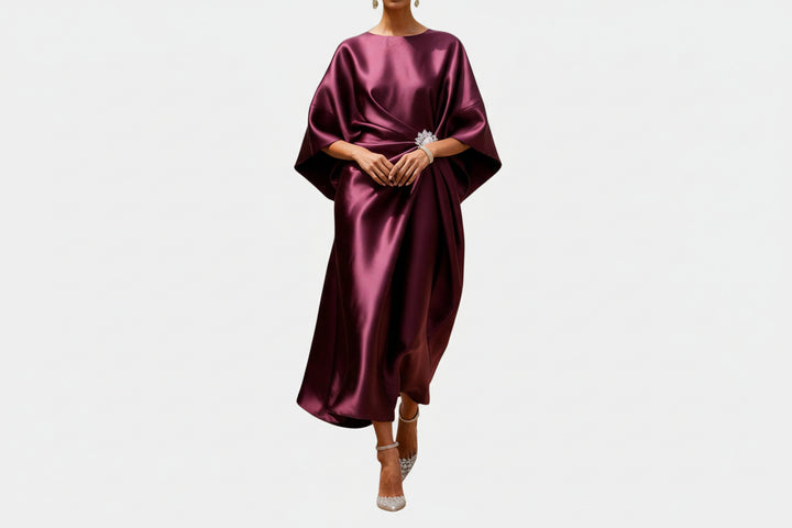 Women's Wide Sleeve Midi Dress with Draped Waist