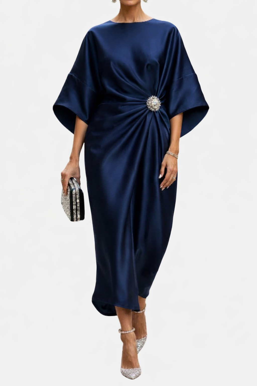 Women's Wide Sleeve Midi Dress with Draped Waist