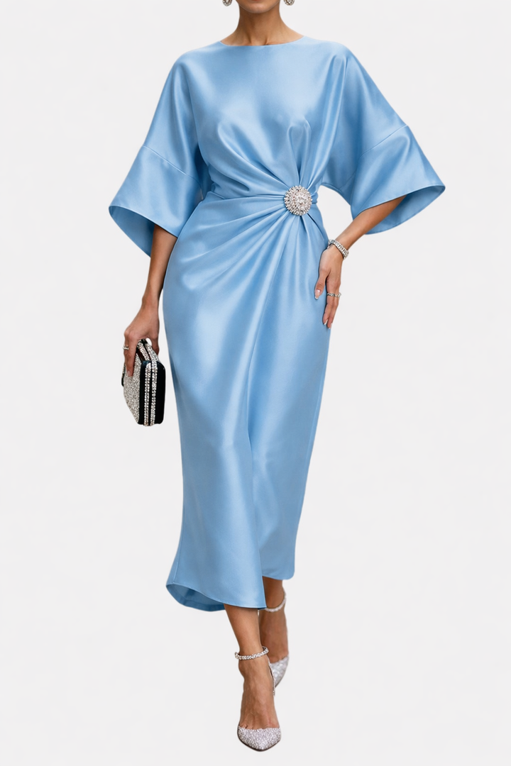 Women's Wide Sleeve Midi Dress with Draped Waist