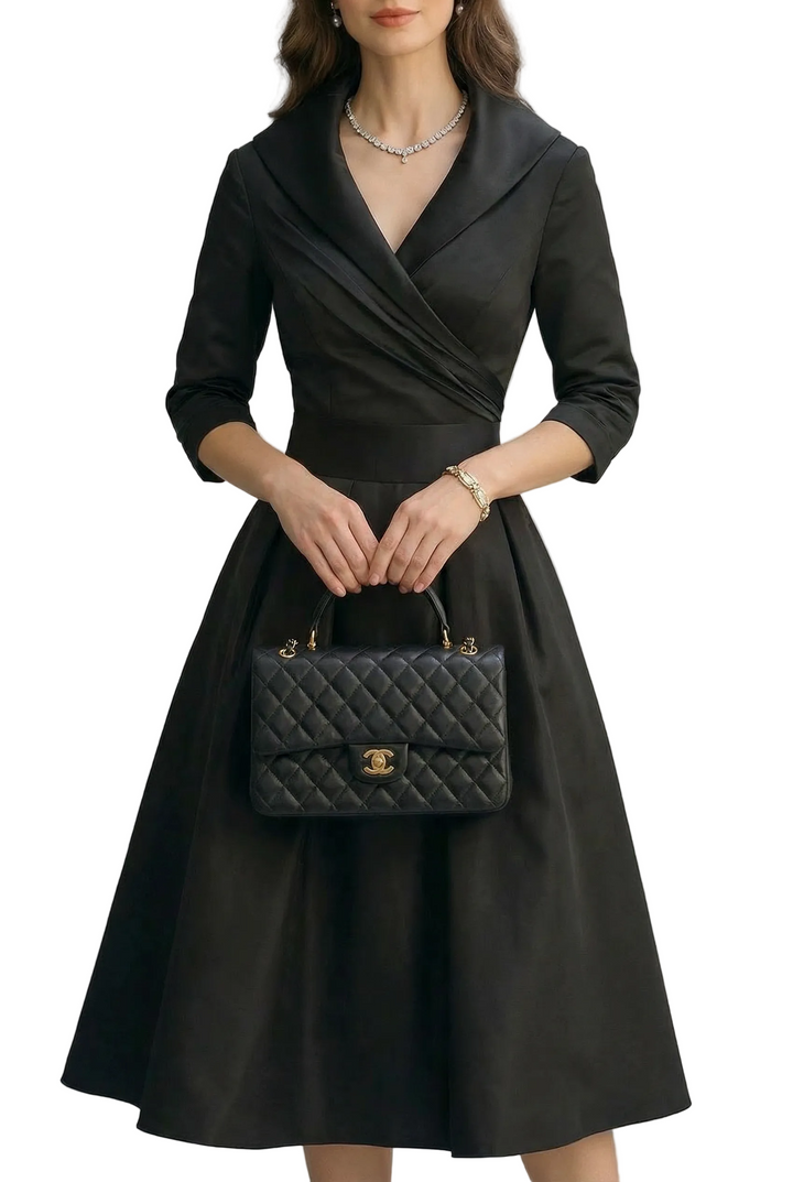 Women’s Wrap Flared Midi Dress with Three Quarter Sleeve