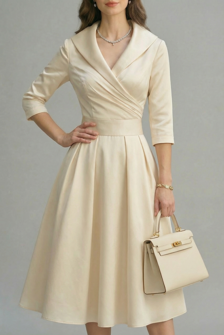 Women’s Wrap Flared Midi Dress with Three Quarter Sleeve