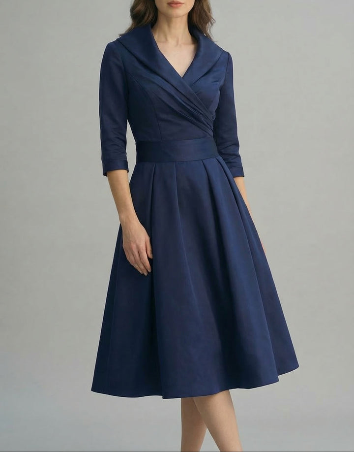 Women’s Wrap Flared Midi Dress with Three Quarter Sleeve