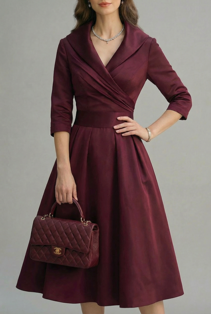 Women’s Wrap Flared Midi Dress with Three Quarter Sleeve