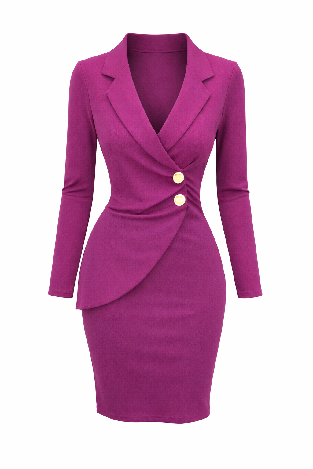 Women's Wrap Style Long Sleeve Dress with Button Detail