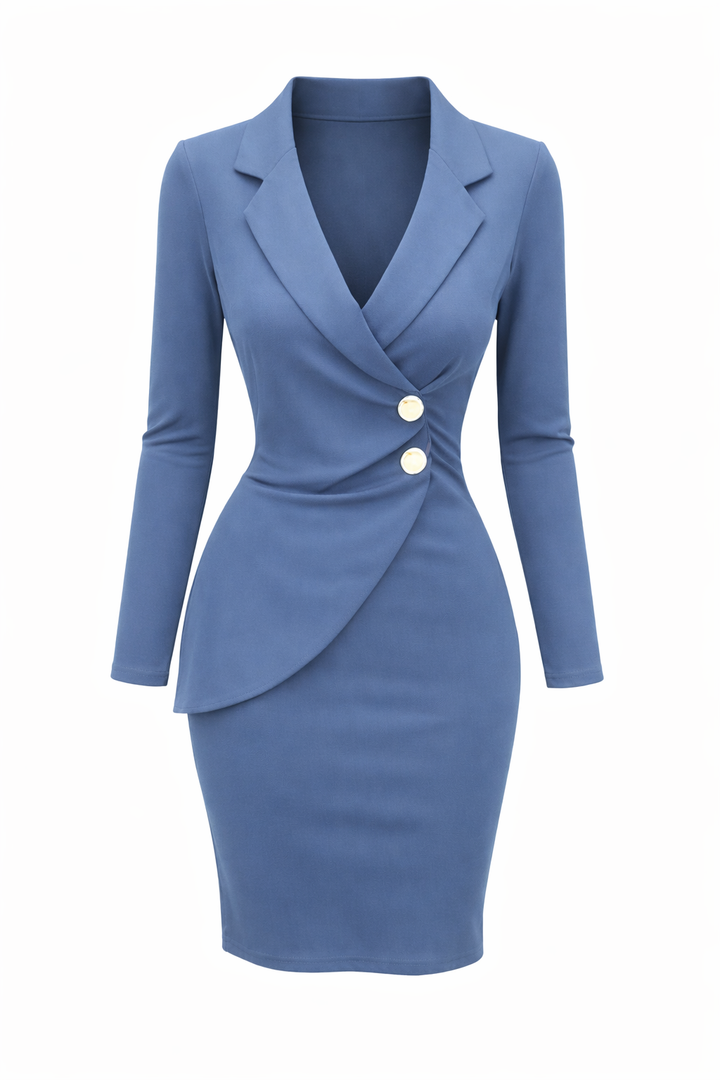 Women's Wrap Style Long Sleeve Dress with Button Detail