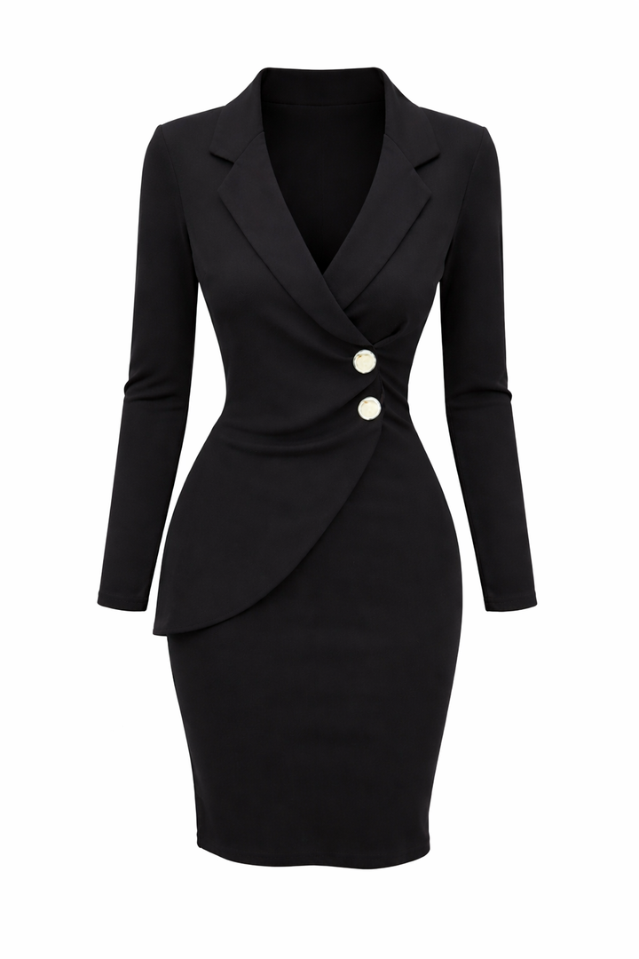 Women's Wrap Style Long Sleeve Dress with Button Detail