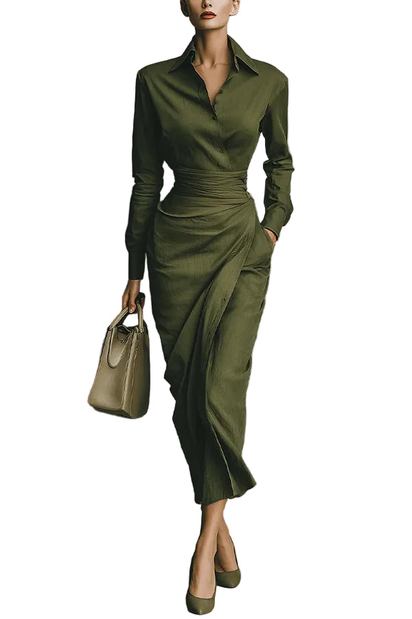 Women's Wrap Style Long Sleeve Maxi Dress with Collar