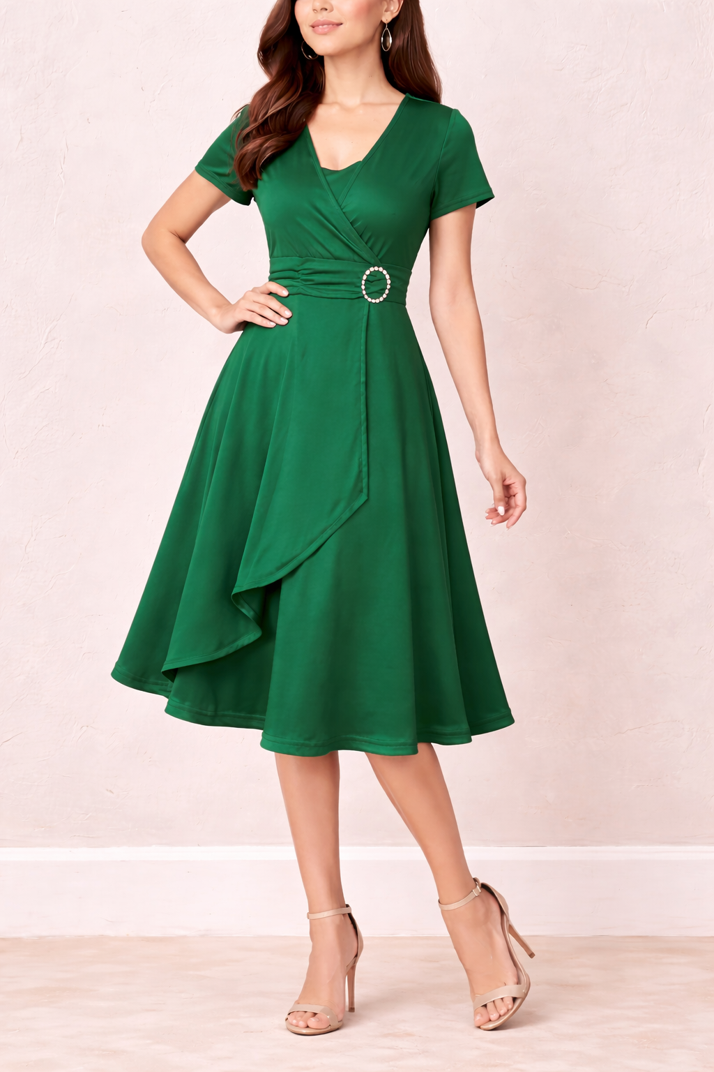 Women's Wrap Style Midi Dress with Asymmetrical Hem & Tie Waist