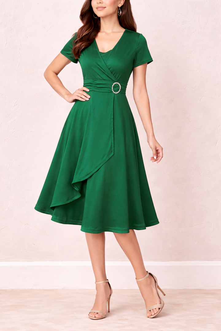 Women's Wrap Style Midi Dress with Asymmetrical Hem & Tie Waist