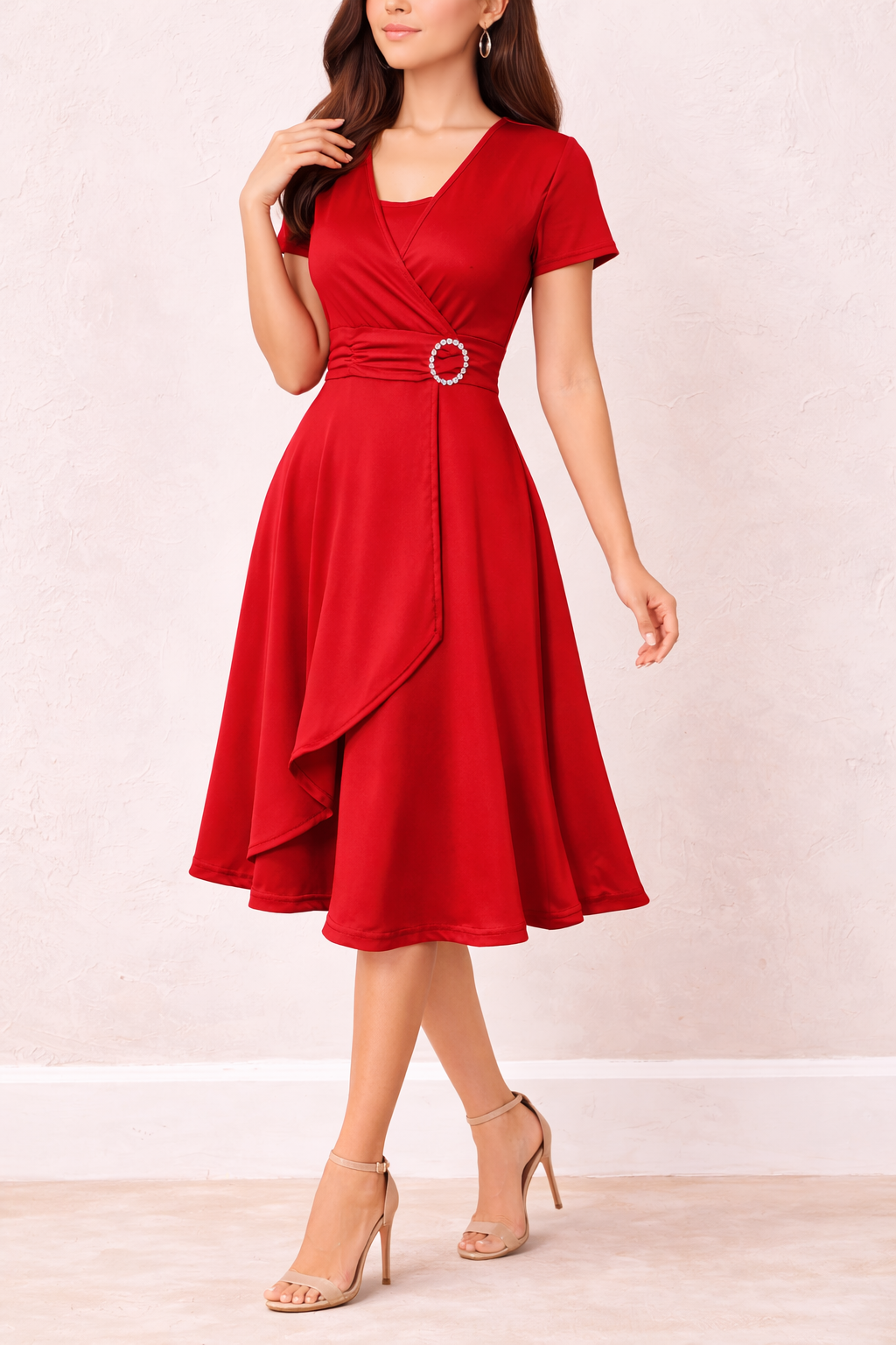 Women's Wrap Style Midi Dress with Asymmetrical Hem & Tie Waist